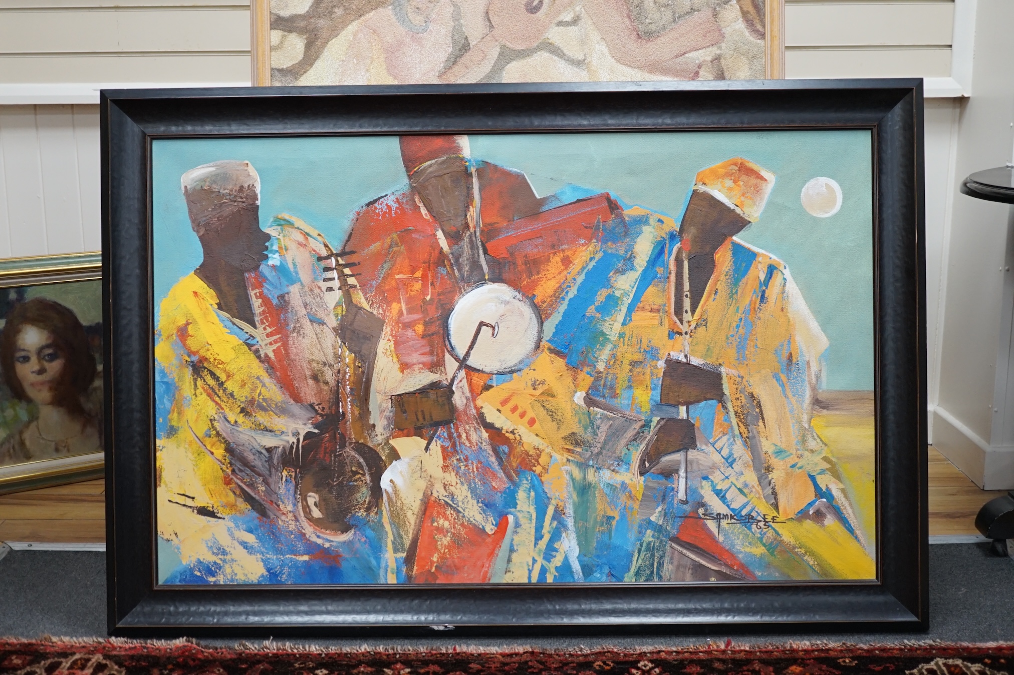 Sam Kobee (Ghanaian), acrylic on canvas, abstract oil on canvas, 'The Third Trio', signed and dated '65, 74 x 119cm. Condition - fair to good, canvas sagging slightly